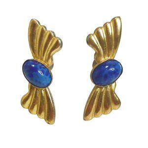 Vintage Gold Tone Earrings With Blue Cabochon and Sterling Screw Backs